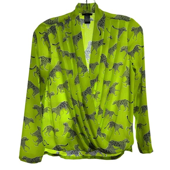Ann Taylor Cross-Over Front Hi-Low Neon Green Cheetah Print LS Blouse Sz XSP - Picture 1 of 5